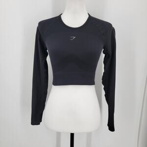 Gymshark Crop Top Womens Medium Black Flex Sports Long Sleeve Cutout Back